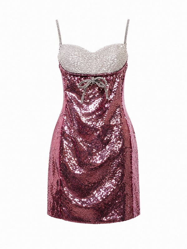 【新品DRESS 1322】総スパンコール×バイカラー切替ビジューリボンキャミタイトミニドレス ピンク Sサイズ